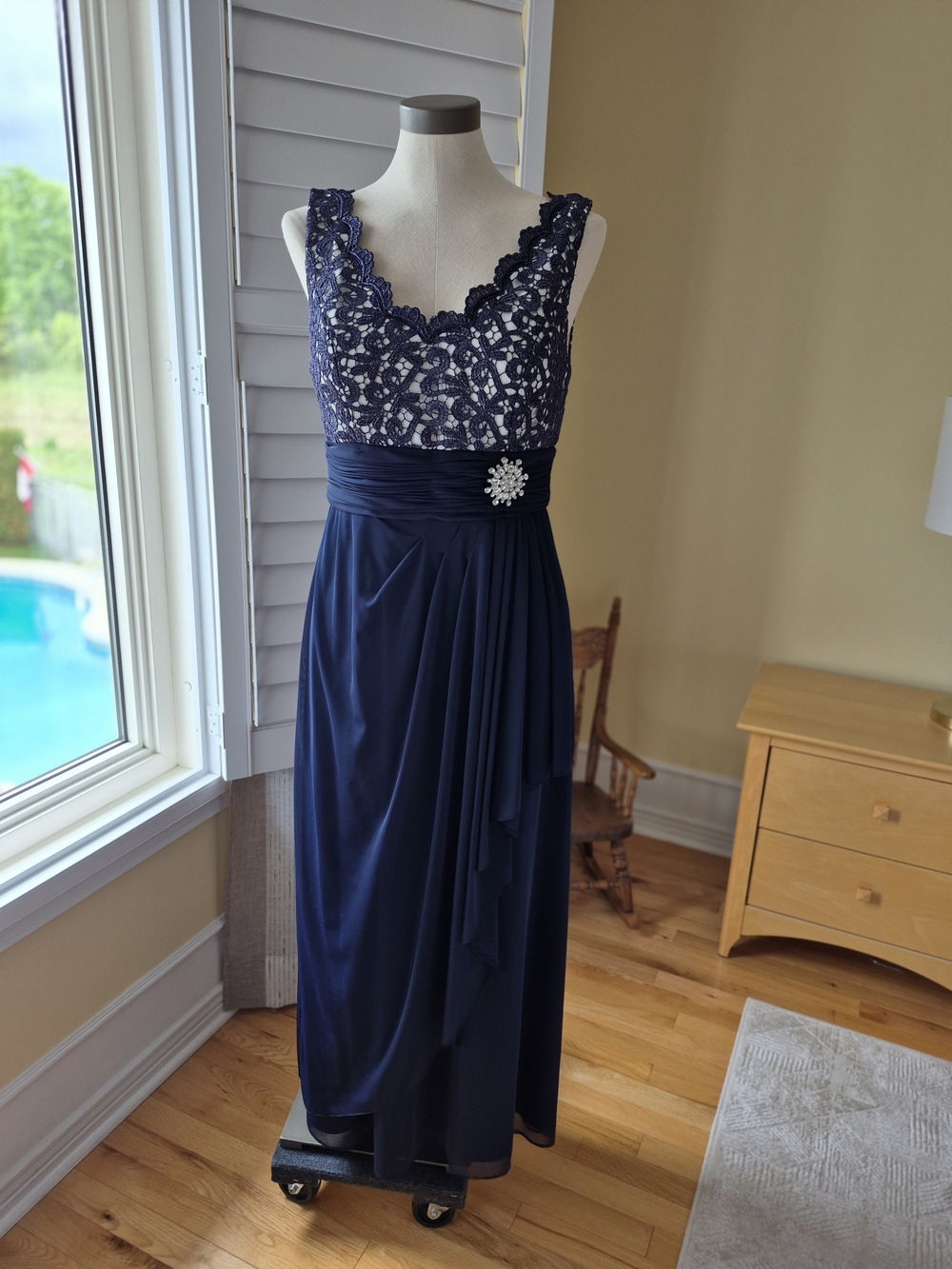 Navy Lace Bodice Long Dress with Brooch Accent
